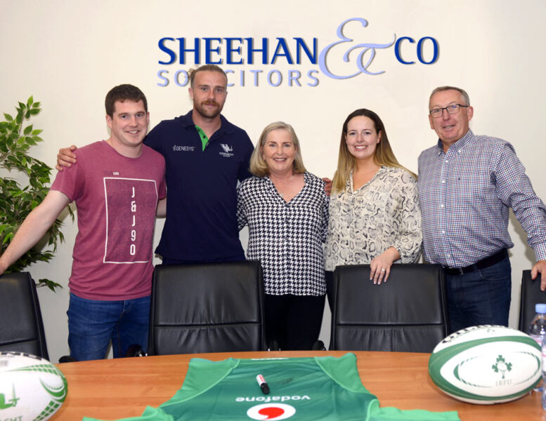 Irish International player Mack Hansen in Sheehan and Co. Solicitors in Galway, meeting the staff.